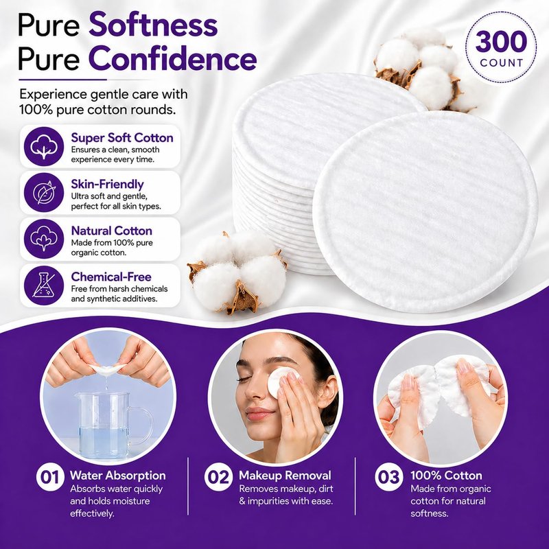 ForPro Organic Cotton Rounds - 300-Count Lint-Free Makeup Remover Pads | Hypoallergenic & Vegan Skincare