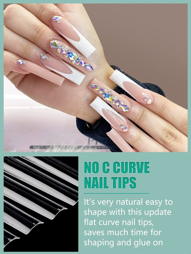 504 PCS No C Curve Clear Nail Tips for Acrylic Nails Professional, 3XL Extra Long, 12 Sizes Half Cover Straight Tapered Square French Fake Nail Tips for Nail Salons Home DIY