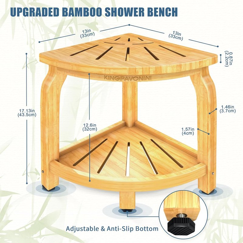 Bamboo Corner Shower Stool - Waterproof Bath Bench Seat with Storage Shelf | Holds Up to 450 lbs