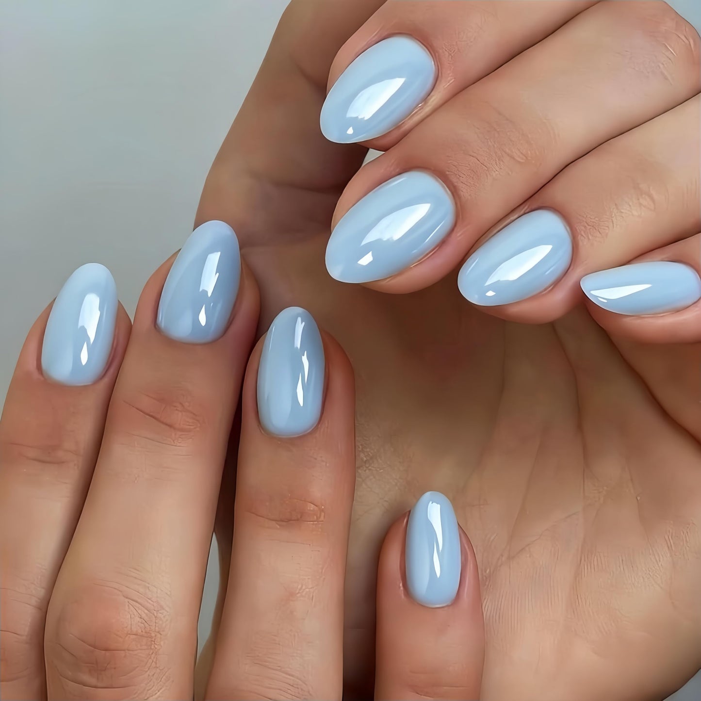 SXVME Chrome Baby Blue Press on Nails Short Oval, 32 Pcs Thick Glazed Cute Fake Nails with Sparkle Mirror Design, Shiny Glitter Glue on Nails Almond, Gel Nail Press ons with Glue for Fingernail