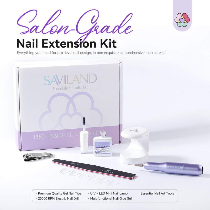 SAVILAND Advanced Gel Nail Kit: Salon Grade Nail Kit with Portable Light Short Coffin Nail Tips 500 Pcs 12 Sizes 30 Days Long-Wear Nail Kit Acrylic Set with U V Nails Glue Nail Lamp Drill DIY At Home