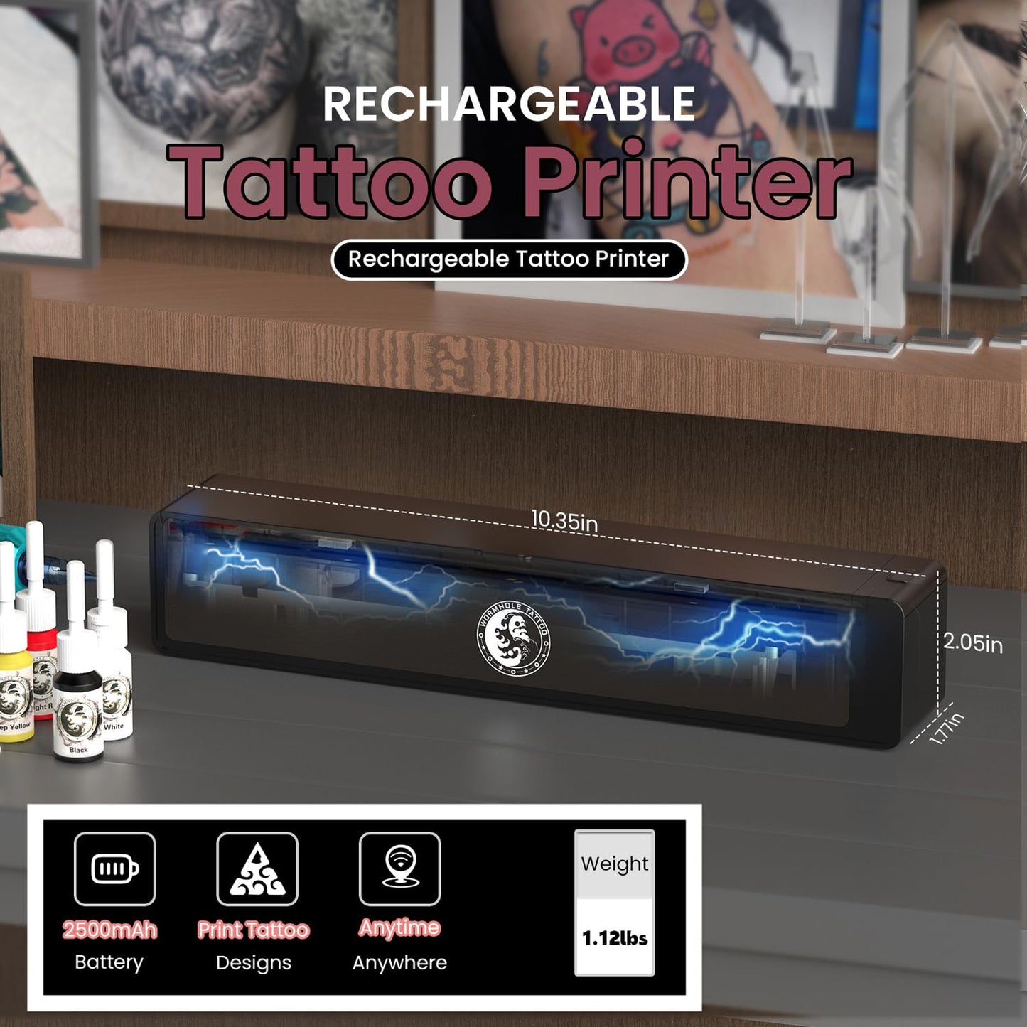 Wormhole Tattoo Stencil Printer Wireless Bluetooth 2,500mAh Battery Portable Tattoo Printer Compatible with Phone & PC for Artists and Beginners - Dark Gray