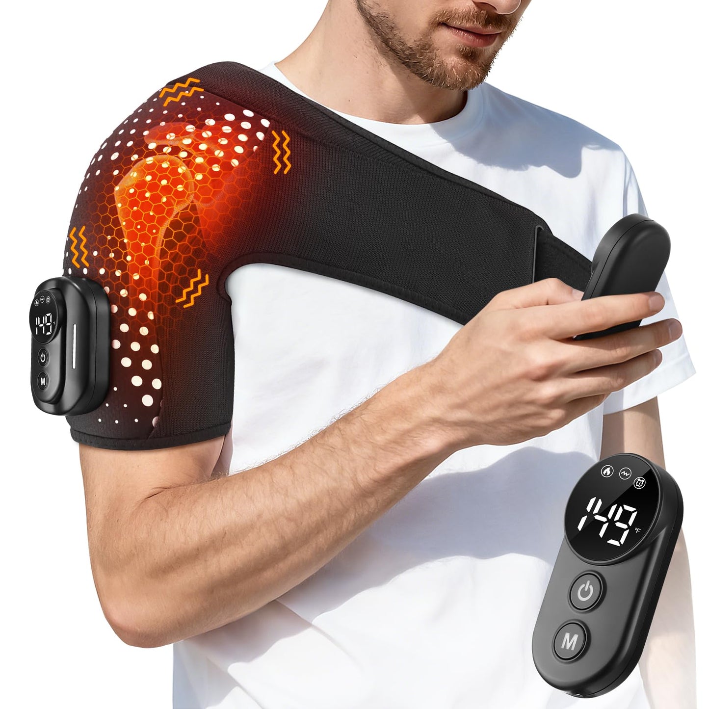 YUANBO Cordless Shoulder Heating Pad, Portable Shoulder Massager Heated Shoulder Wrap & Brace with Massage for Men Women, Remote Control (Black)
