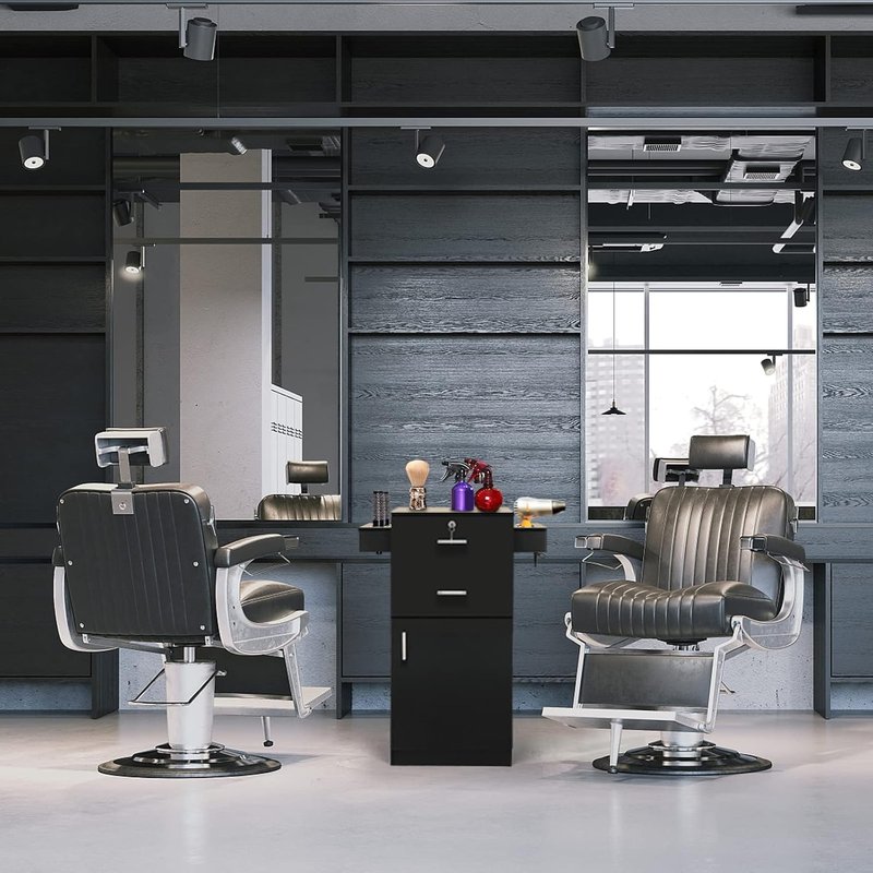 OmySalon Hair Stylist Salon Station - Large Storage Cabinet with 2 Drawers & 6 Hair Dryer Holders | Black