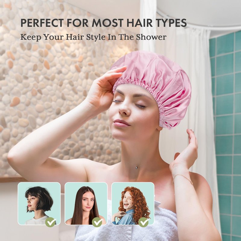 AmazerBath Shower Cap, 4 PCS Shower Caps for Women Reusable Waterproof, Double Layers Hair Cap for Shower, Elastic and Flexi Bath Caps, Environmental Protection Bathing Hat for Adult Kids, Medium Size