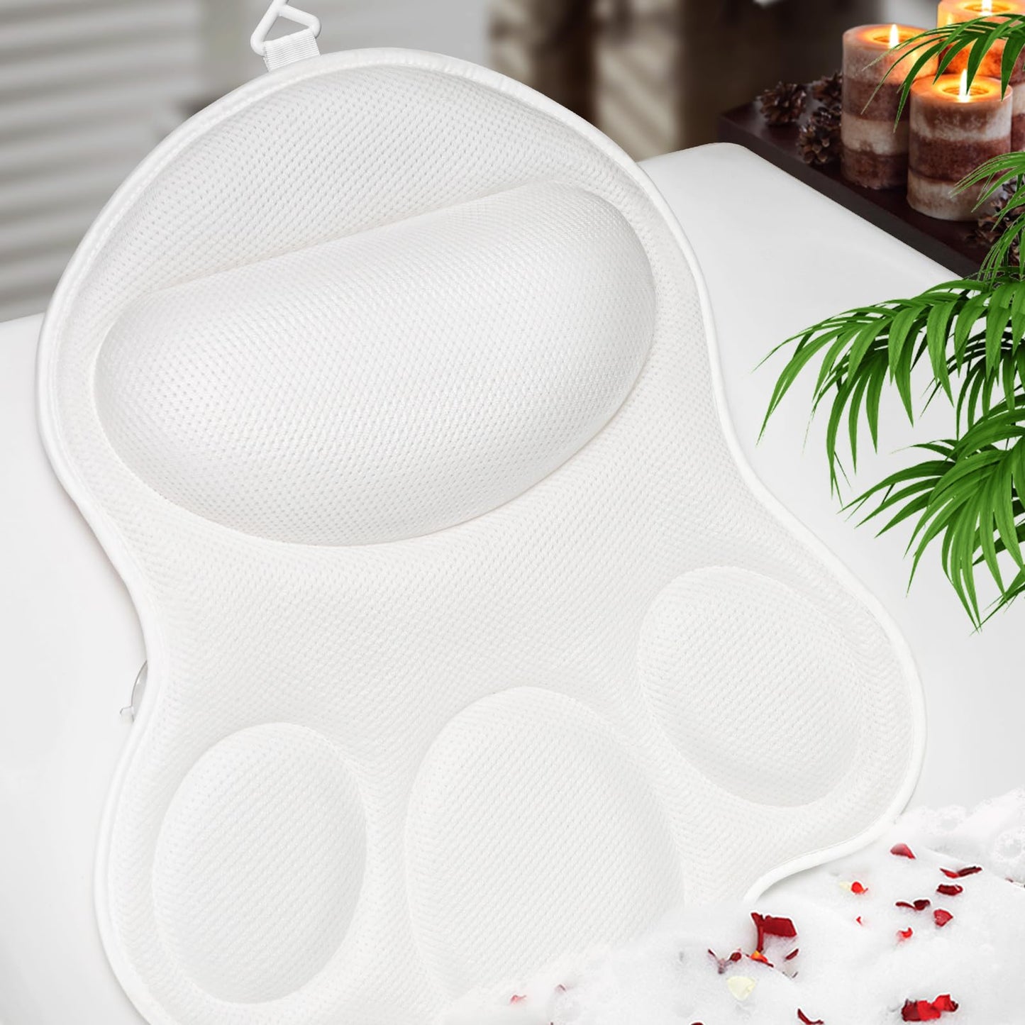 JUSDOO Bath Pillows for Tub Neck and Back Support - Upgraded Non-Slip Rubber Backing & 6 Suction Cups, 4D Air Mesh Spa Bathtub Cushion for Head Rest, Machine Washable with Laundry Bag & Hook(White)