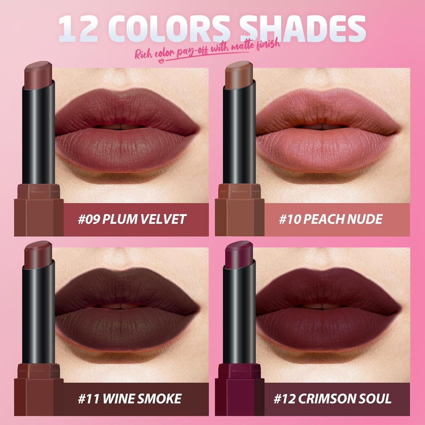 Velvet Matte Lipstick Set - 10 High Pigment Nude & Dark Shades | Long-Lasting Waterproof Lip Balm for Women