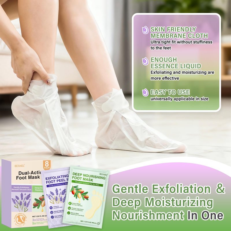 BESNEL 5Pack Moisturizing＆3Pack Foot Peeling Foot Mask, Teacher Appreciation Gifts, Hydrating Foot Masks Dry Cracked Feet, Soothing Moisturizer Socks Repair Rough Heels＆Baby Soft Feet(8P)