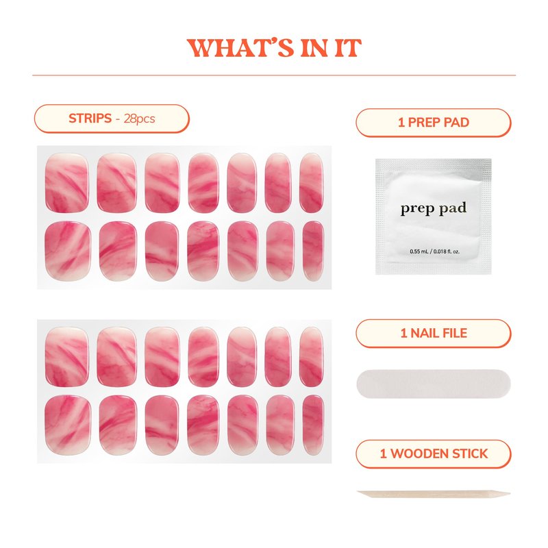 Heyhae Semi Cured Gel Nail Strips | No LED Lamp Needed | Summer, Marble, Red | Easy Apply & Remove, Salon Quality | Includes 28 Strips, 1 Prep Pads, Nail File & Wooden Stick - Hey, You're A Gem
