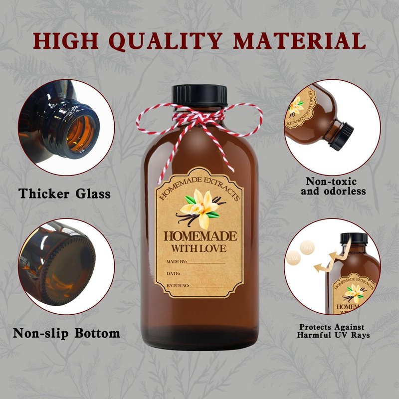 Amber Glass Bottles Set - 8Pcs 4 oz Round Bottles with Caps, Stickers & Funnel | Ideal for Extracts, Syrups & Oils