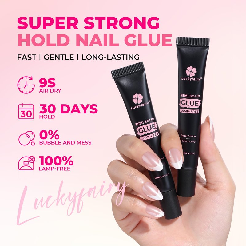 Luckyfairy Super Strong Nail Glue for Press Ons 15g (2pcs) : 4-in-1 Quick Air Dry, No Lamp Needed, Long Lasting, Semi Solid Soft Gel Nail Glue for Acrylic Nails Tips