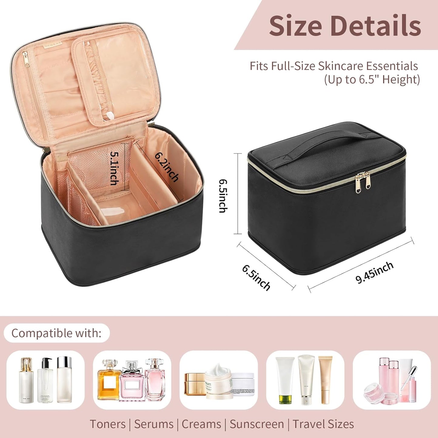 Travel Makeup Bag Organizer - Large Capacity Cosmetic Case with Divider & Handle | Black