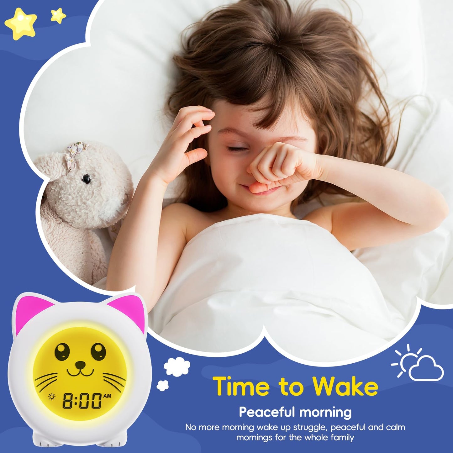 B&H Sleep Trainer Clock for Toddler - Rechargeable Kid Ok to Wake Clock, Cute Cat Girls Alarm Clock, Drop Proof, Night Light, Science-Backed Lighting for Peaceful Sleep and Ready to Rise Mornings