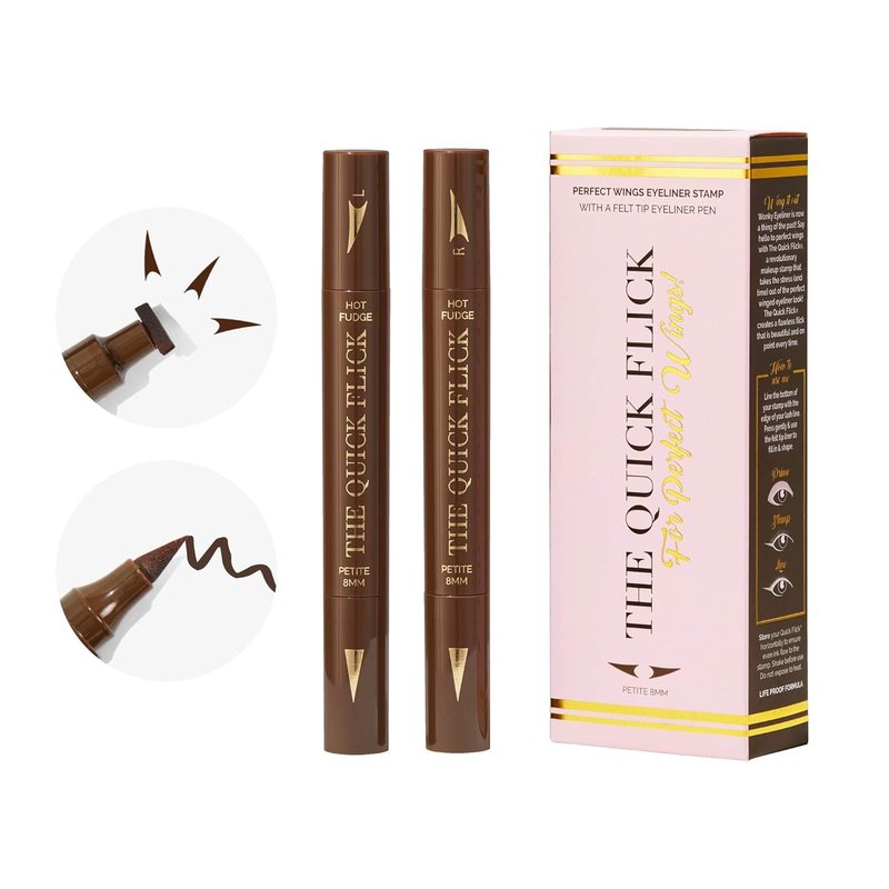 Quick Flick Winged Eyeliner Stamp - Waterproof & Smudge-Proof Vegan Cat Eye Stamp | 3mm Winged & 8mm Felt-Tip Pen (Hot Fudge)