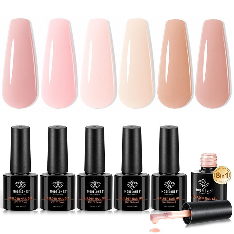 modelones Gel Polish Builder Nail Set, Base Colors Nude Hard Strengthener Rubber Gel Polish 8-in-One Extension LED Nail Lamp Cured 6 Colors