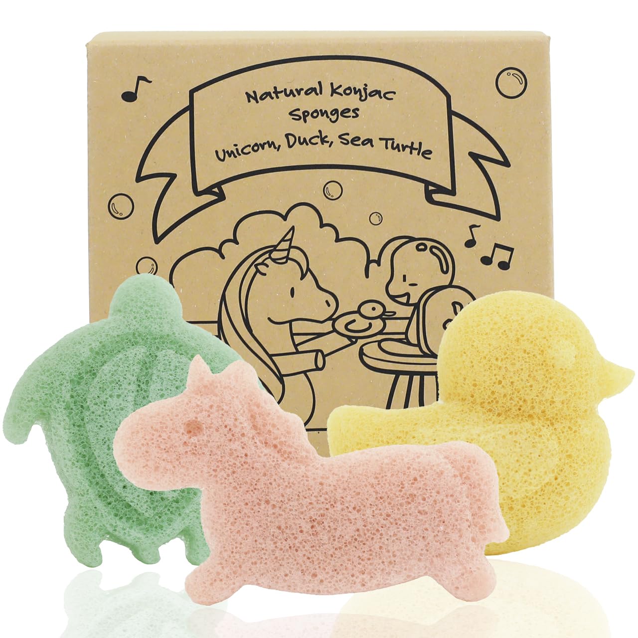 myHomeBody Konjac Baby Sponge for Bathing, Cute Shapes Natural Kids Bath loofah for Infants, Toddler, Newborns, Safe Plant-Based, 3pc. Set: Unicorn, Duck, Sea Turtle