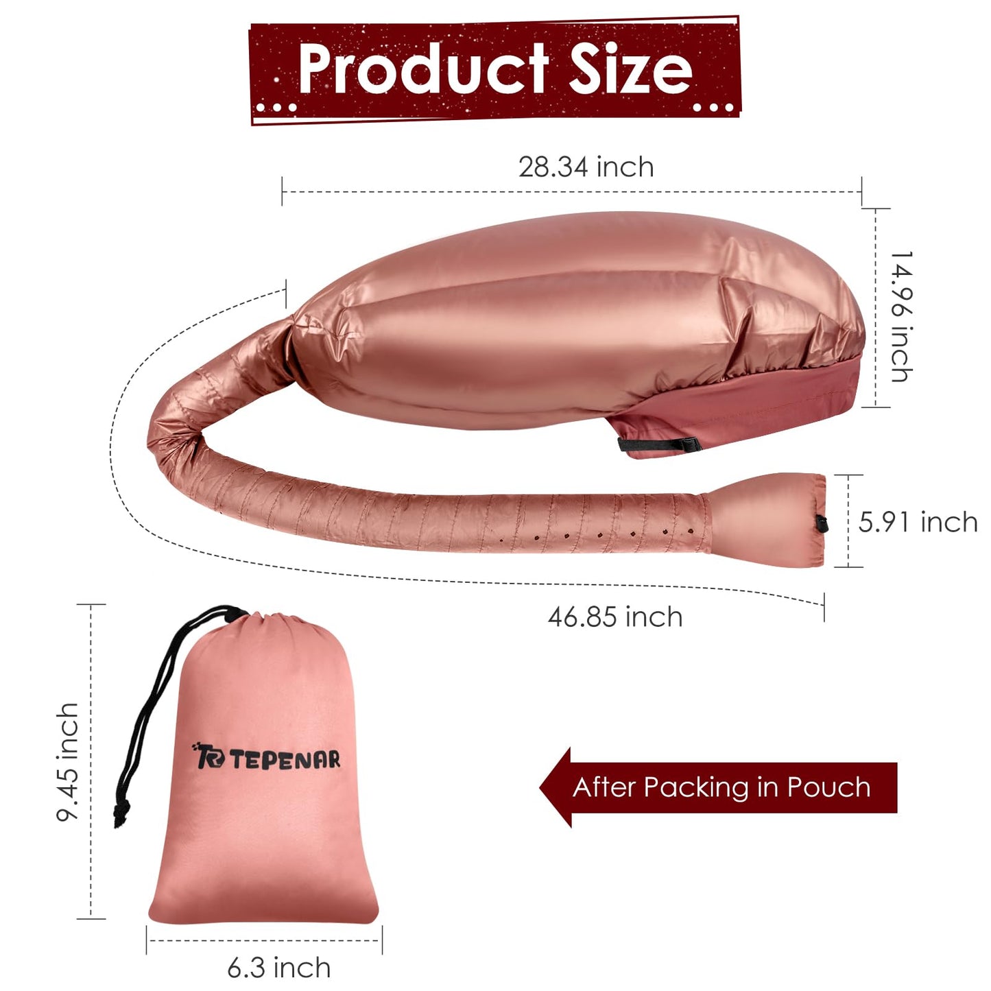 TEPENAR Hair Dryer Bonnet Attachment: Upgraded Extra Large Hooded Dryer Adjustable Hair Dryer Caps - Easy to Use for Natural Curly Textured Hair Care Styling Fast Drying - Rose Gold