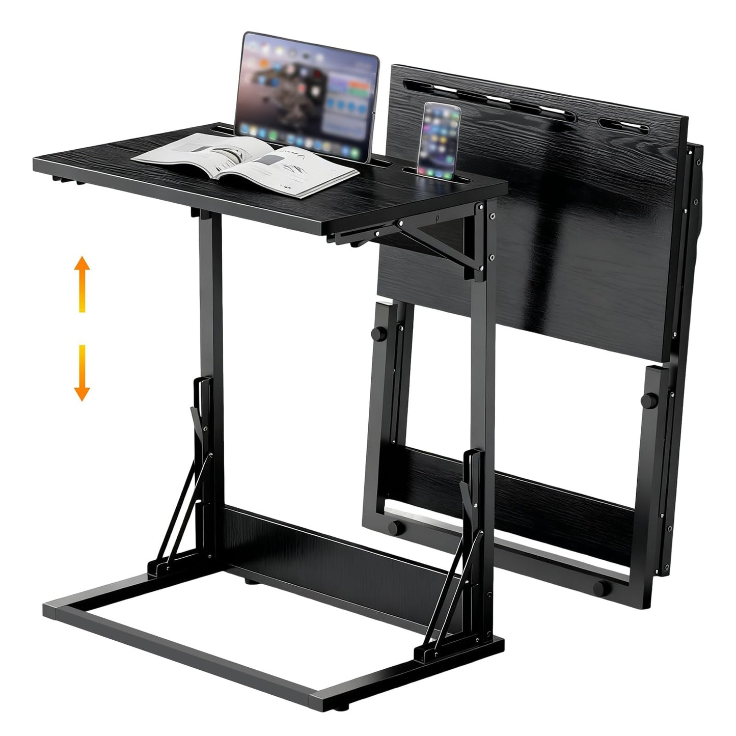 Folding TV Trays Set of 2,TV Dinner Tray Table,Adjustable Height TV Trays for Eating on Couch,C Shaped End Table with Tablet and Phone Slots,Foldable Side Table&Laptop Desk for Sofa&Bedside&Recliner