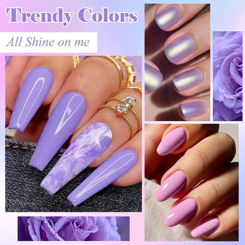 MEET ACROSS Gel Nail Polish Set 6 Colors Purple Glitter Gel Nail Polish Neutral Pearl Pink Shimmer Mermaid Nail Drawing Soak Off LED Art Kit Salon DIY Gift for Women