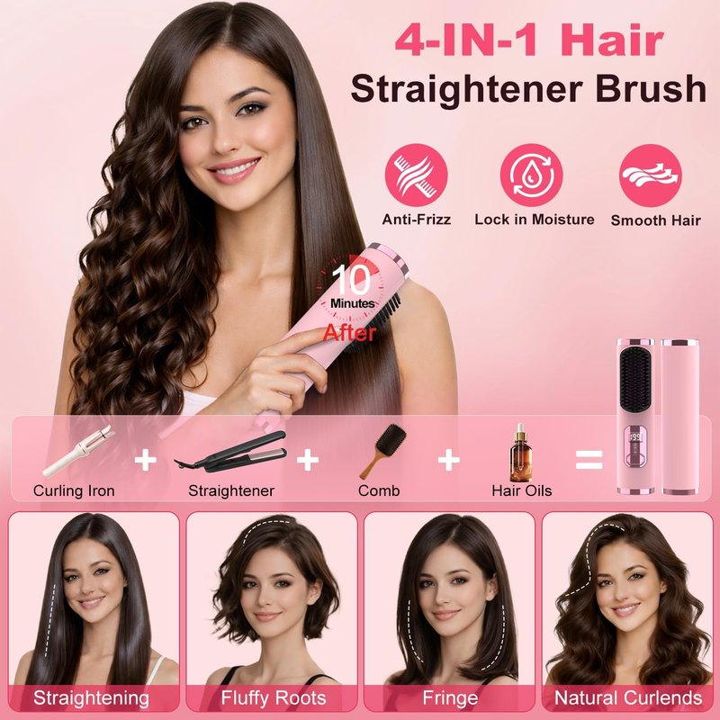 Cordless Hair Straightener Brush, Portable 500 Million Ions Smooth Straightening Brush, Rechargeable 4-IN-1 Go Brush, MCH Fast Heating, 5D Dense Bristles, LED Display, Anti-Scald for Women Home Travel