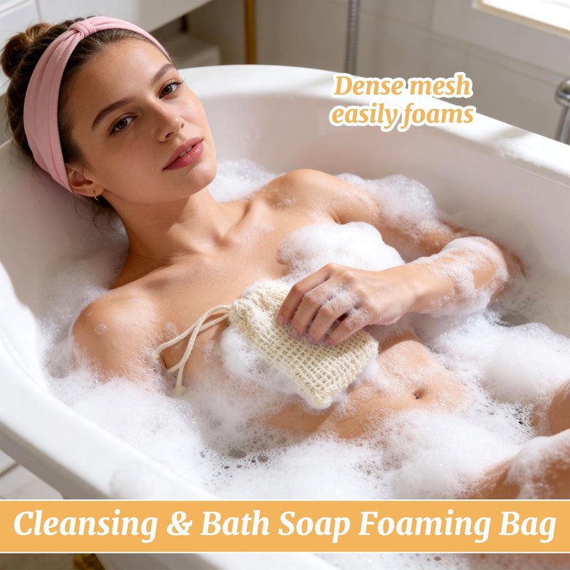 Ckhoid 100PCS Sisal Soap Saver Bags, Natural Sisal Soap Exfoliating Bag with Drawstring, Reusable Mesh Foaming Soaps Pouch for Bath & Shower, Soaps Holder Drying Bag Savers