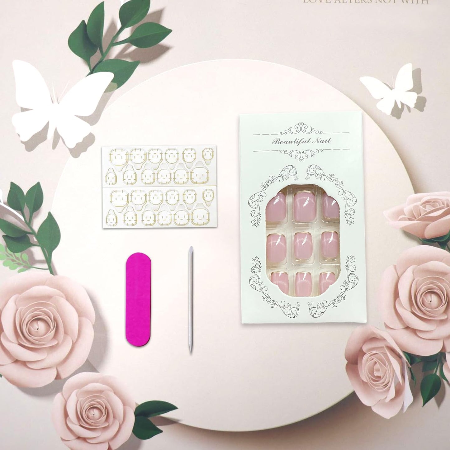 Skiennix Nude Pink Press-On Nails - Short Square Acrylic with French Tip | Glossy Full Cover for DIY Manicure
