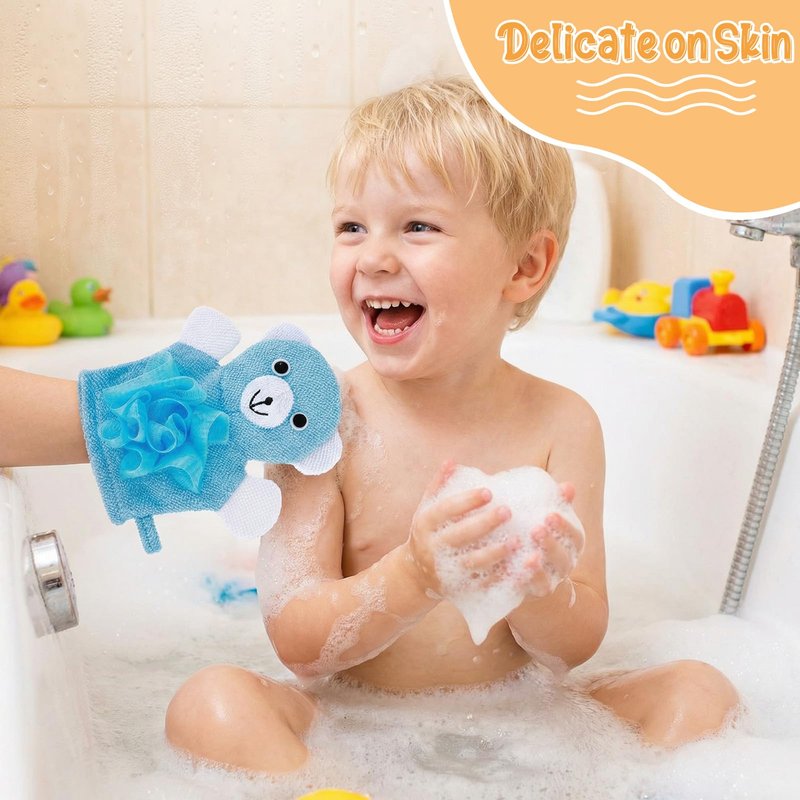 Qianyu 3pcs Bath Mitt Washcloth Glove Body Scrubber Cute Cartoon Design Exfoliating Glove Gentle Soft Scrub Loofah Bath Sponge for Kid Shower Washing Easy Lather (Blue/Green/Pink)