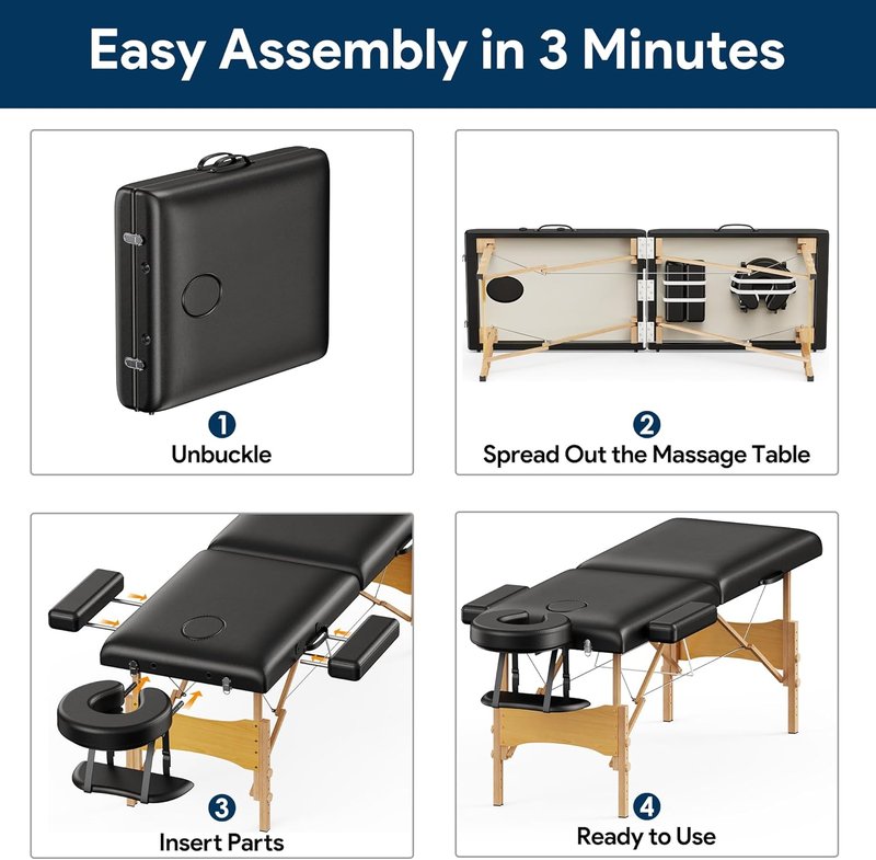Brelley Portable Massage Table - Adjustable Height 24" Wide Foldable Spa & Tattoo Bed (Black)