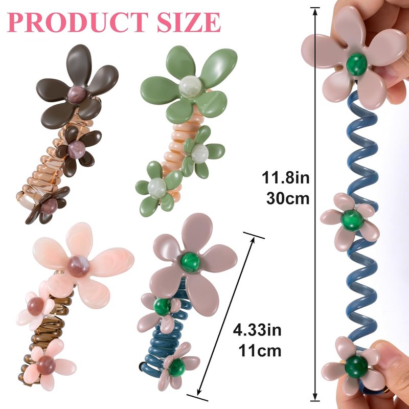 Flower Bead Spiral Hair Ties - 4PCS Floral Ponytail Holders for Women | Elegant Rubber Coils in 4 Colors