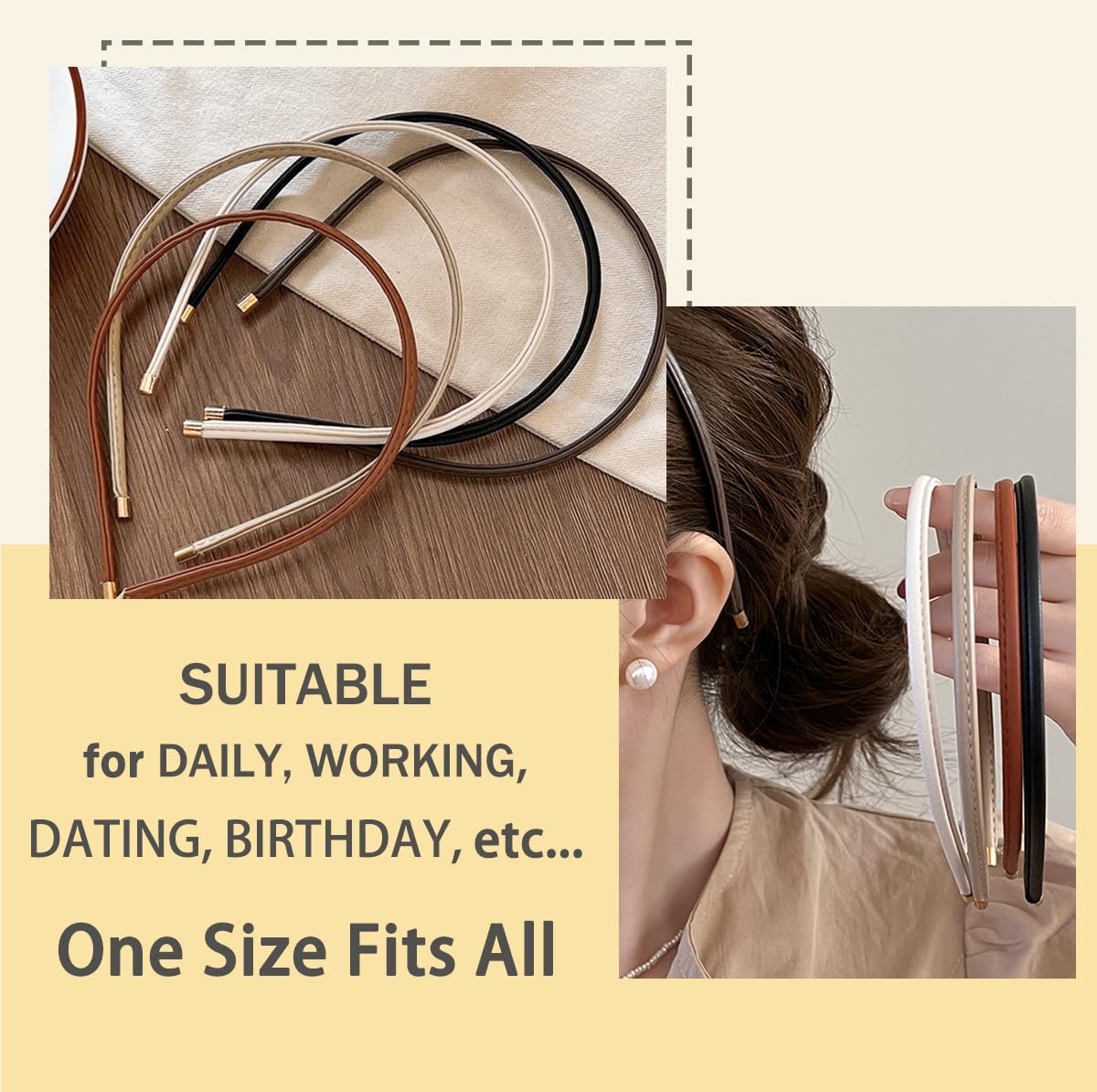 Thin Headband Skinny Leather Headbands for Women, Trendy Comfortable No Headache Headband Non-Slip Hair Accessories for Women Girls 5Pcs (Beige/Brown/Black/White/Tan)