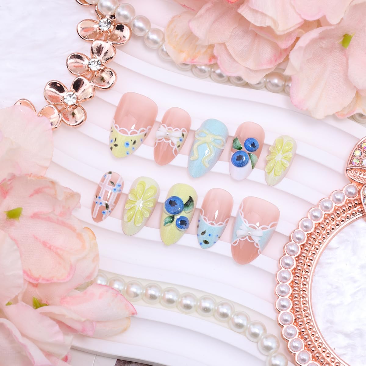Spring French Tip Press On Nails - 30 Pcs Short Almond Shape 3D Lemon Blueberry Bow | Reusable Acrylic Summer Fruit Themed