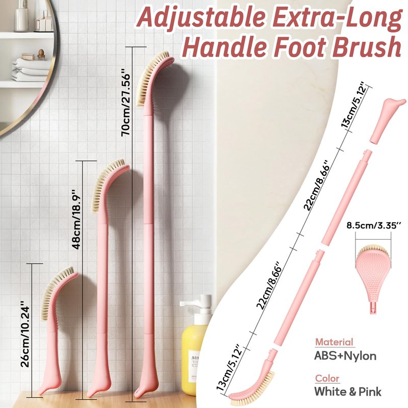 GEENOA New Foot Brush with Extra-Long Handle, 3-in-1 Foot Scrubber for Wet or Dry Brushing, Adjustable 10.2’’- 27.5’’Foot Scrub Brush for Senior, Pregnant, Disabled, or Injured, Gift-Box Packed(Pink)