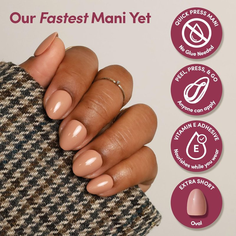 Glamnetic Quick Press Mani - Mess-Free Oval Extra Short Press-On Nails | 30 Nail Kit in 15 Sizes - Teddy