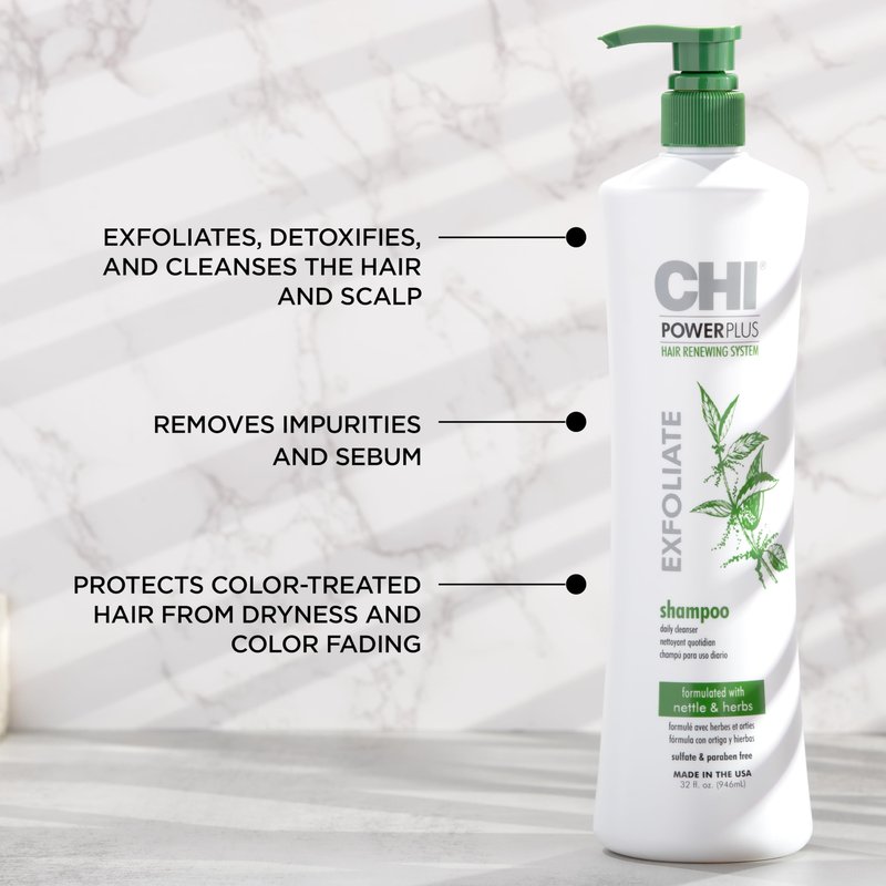 CHI PowerPlus Exfoliating Shampoo, Hair Renewal System For A Healthy Scalp, Delivers Weightless Shine, For Versatile Styling & All Hair Types, 32 Oz