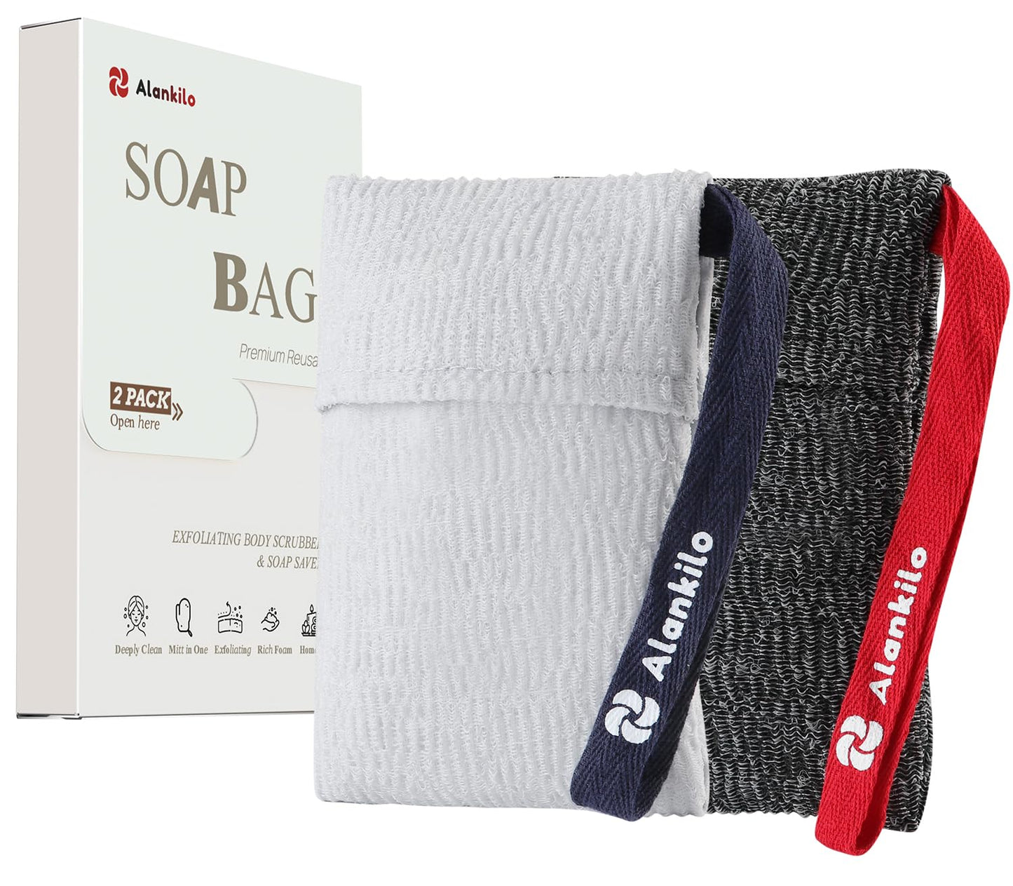 Alankilo 2 Pieces Soap Bags for Soap Bars, Exfoliating Soap Saver Bags, Foaming Bar Soap Pouches for Use in Baths or Showers (Gray)