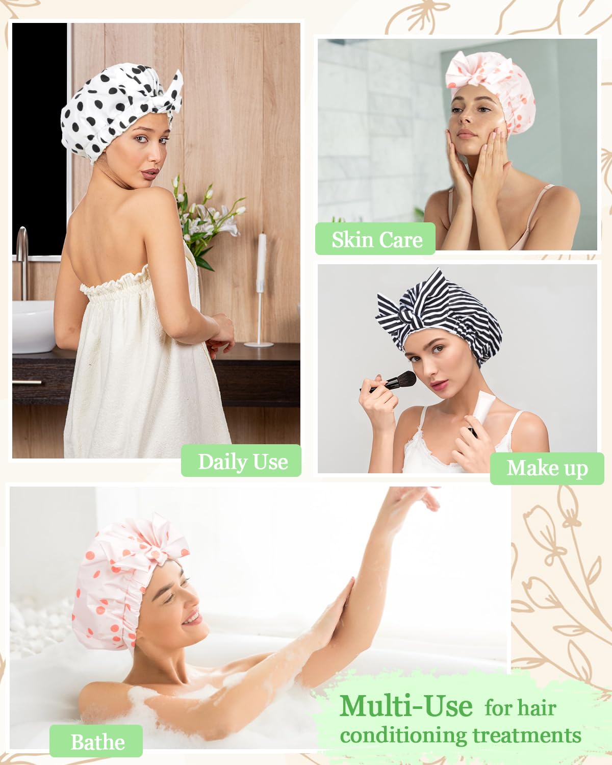 Luvruitaky Shower Cap Luxury Shower Caps for Women Reusable Waterproof Hair Cap for Shower with Adjustable Bowknot Hair Bath Cap (Pink)