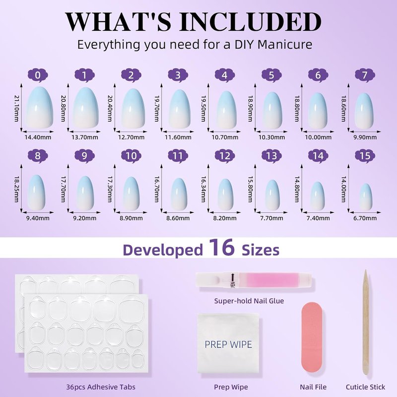 Ombre Press On Nails - Blue Almond French Tip Set | Reusable Fake Nails Kit with Glue, 32 Nails in 16 Sizes