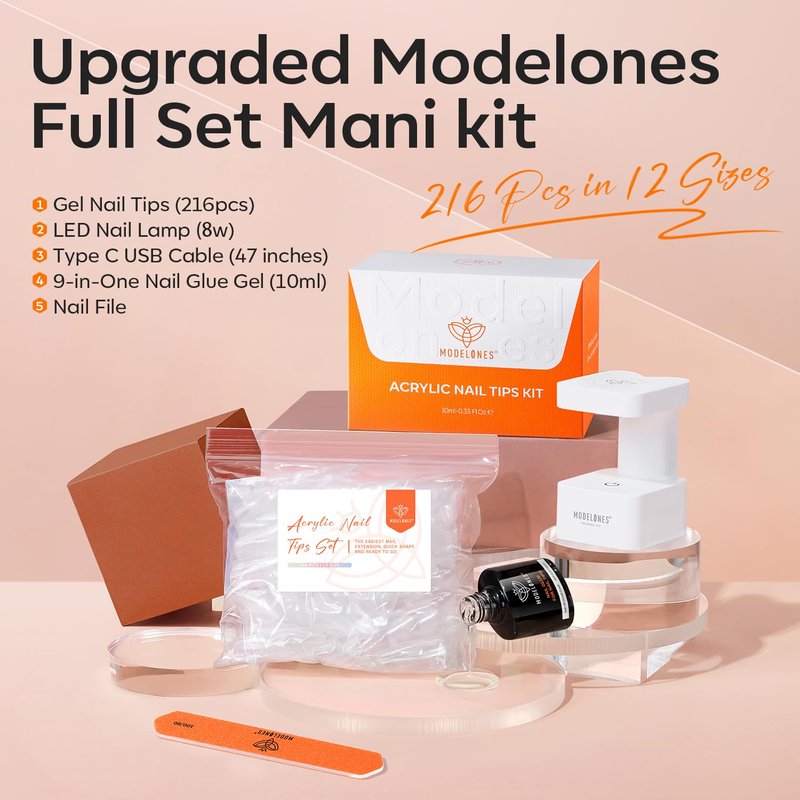 modelones X Nail Gel Kit Short Almond, 9-in-One Nail Glue with Mini UV Light 216Pcs 12Sizes Pre-Etched Press ons Fake Acrylic Extension Kit DIY Salon Gift for Women
