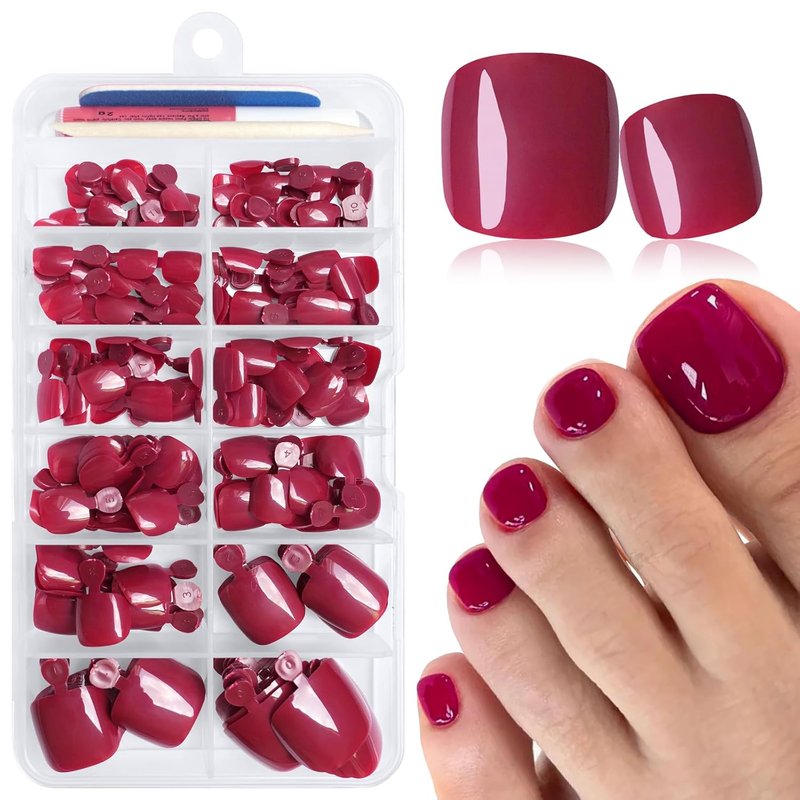 Skiennix 168pc Press-On Toenails - Berry Red Short Square Acrylic Tips for Effortless Style