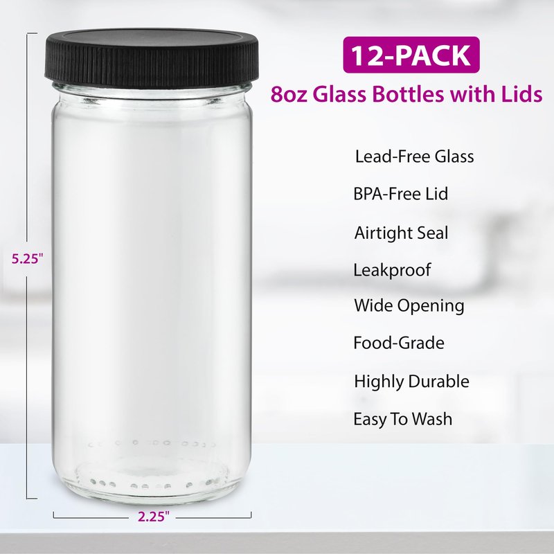 DilaBee 12-Pack 8oz Round Empty Glass Water Bottles - Glass Juice Bottles with Lids for Juicing, Smoothie, Milk & Kombucha - Juice Containers for Fridge, Smoothie Bottle, Clear Water Bottle BPA-Free