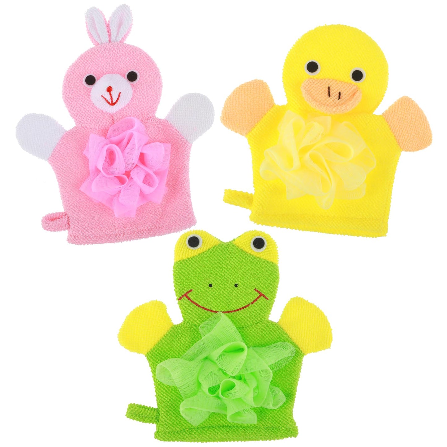 Qianyu 3pcs Bath Mitt Washcloth Glove Exfoliating Glove Body Scrubber Cute Cartoon Design Exfoliating Glove Gentle Soft Scrub Loofah Bath Sponge for Kid Shower Washing Easy Lather (Yellow/Green/Pink)