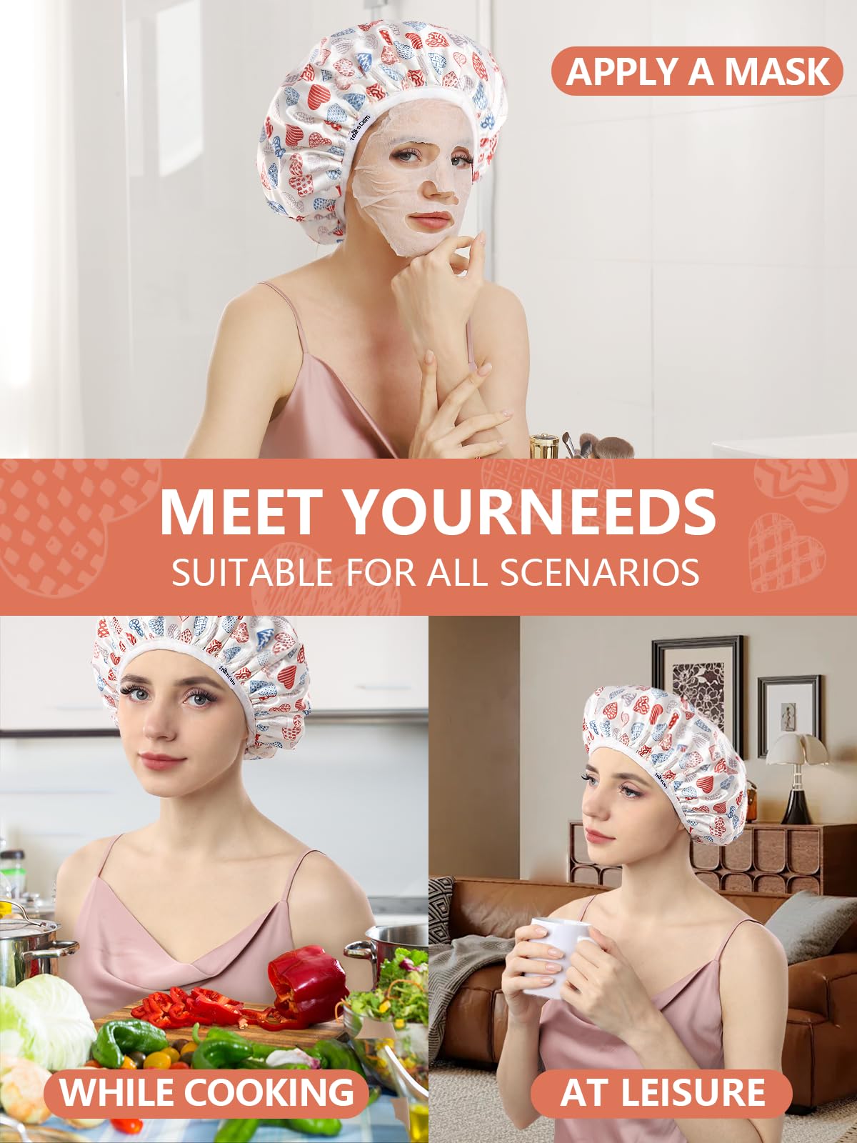 Years calm Terry Lined Shower Cap, Triple Layer Heart Motifs,Waterproof Reusable Elastic,Hair Shower Cap for Women,Terry Cloth Shower Caps for Spa,Clean,Trave (White, One Size)