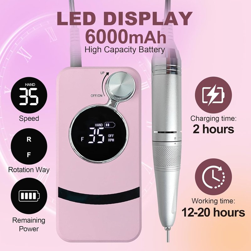 Electric Nail Drill - 35000RPM Cordless Pink Nail File for Acrylic & Gel Polish | Portable Rechargeable Manicure Kit