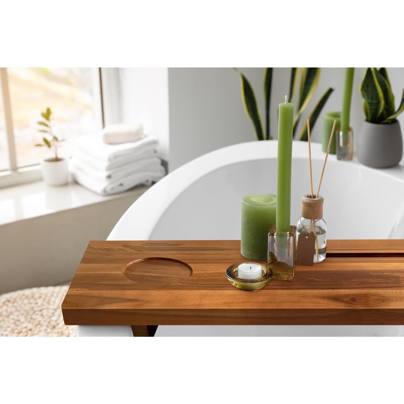 ILOT Bathtub Tray for Standard Tubs – 29" Adjustable Teak Wood Bath Caddy | Anti-Tip, Non-Toxic, Waterproof, Sustainable Bath Tray Organizer for Relaxing Spa & Home Use