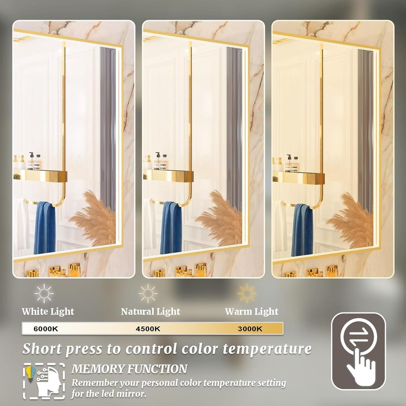 Gold Metal Framed LED Bathroom Mirror by [Brand Name] - 55x32 Inch Lighted Vanity Mirror with Anti-Fog & Dimmable Features
