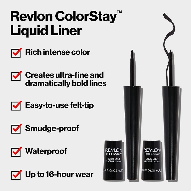 Revlon ColorStay Liquid Eyeliner - Waterproof, Smudgeproof, Ultra-Fine Tip - 251 Blackest Black, 0.08 Fl Oz