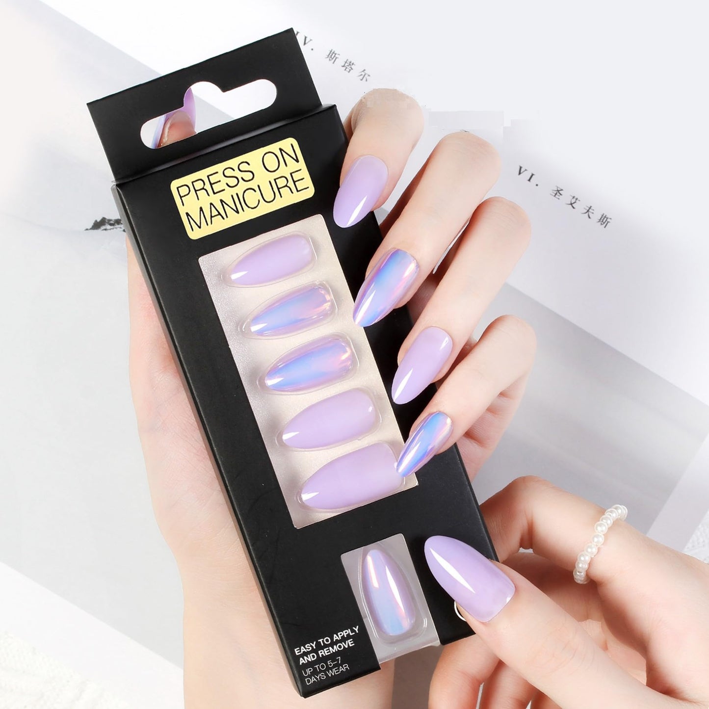 Withered Hnad Press On Nails - Semi-Transparent Glitter Short Almond False Nails, Reusable Stick On Fake Nails with Glue | Salon Quality - 24 Nails Kit