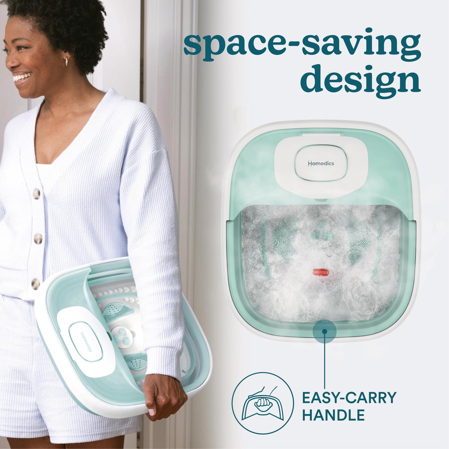 HoMedics Smart Space Elite Footbath with Heat Boost, Collapsible, Invigorating Bubble Massage, 3 Pedicure Attachments, Safe to Use Bath Salts, Patented Safety-Lock System, Ergonomic