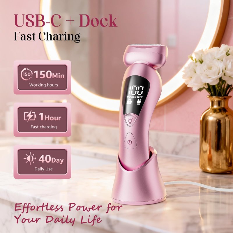 Cordless Electric Razors for Women: Rechargeable Painless Bikini Trimmer for Body Hair - IPX7 Waterproof Shaver with LED Display for Face/Underarm/Leg Light Pink Upgraded