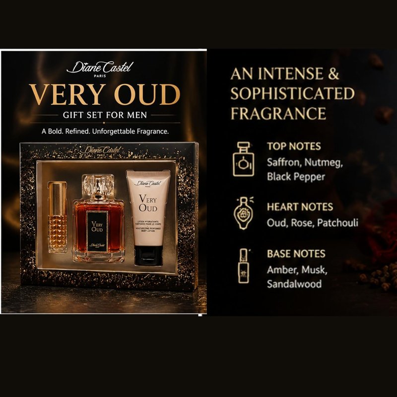 Diane Castel Very Oud Gift Set - Woody Amber Fragrance & Body Lotion for Women - 3 Pc Set